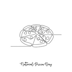 One continuous line drawing of National Pizza Day vector illustration. National Pizza Day theme design concept in simple linear continuous line. Great design for food campaign and business.