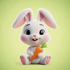 Adorable fluffy bunny holding a bright carrot against a soft pastel green background, perfect for Easter celebrations or cute spring designs