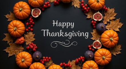 Fototapeta premium Thanksgiving wreath with pumpkins, berries, and autumn leaves 