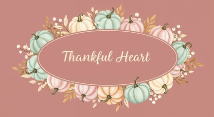 Obraz premium Pastel pumpkins and floral elements with 'Thankful Heart' text 