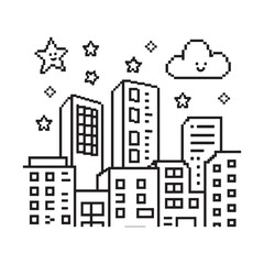 Simple Pixel City Skyline Silhouette with Blocky Buildings, Stars, and Clouds.