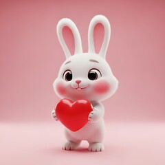 Adorable fluffy bunny holding red heart on pink background perfect for Valentine's Day or Easter cards and children's illustrations with cute gentle love theme