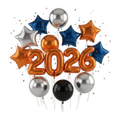 Golden 2026 number balloons with star and sphere balloons isolated on transparent background