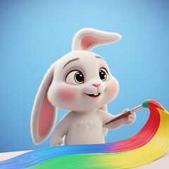 Adorable bunny painting a vibrant rainbow with a paintbrush, spreading joy and creativity, perfect for children's books and colorful springtime designs