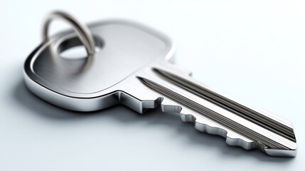 A silver key with a silver chain hanging from it