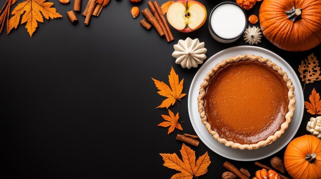 Overhead View of Pumpkin Pie with Autumn Decorations on a Black Background with Copy Space, Thanksgiving Theme