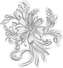 Vector art of elegant black and white floral flourish with swirling leaves and petals