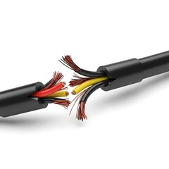 Severed Electrical Cable with Exposed Wires on White Background.