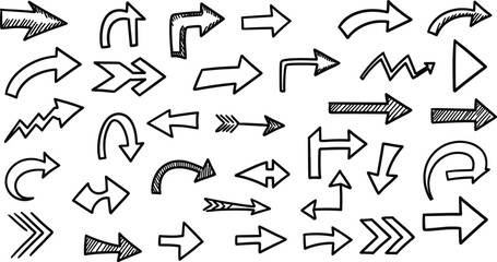 Hand-drawn arrow icon set, sketch style vector graphics, directional symbols, curved and zigzag arrows, black and white design elements