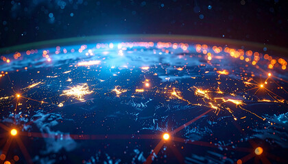 Global Network of Lights: The planet Earth, enwrapped in a stunning, vibrant web of connected lights, illustrating the essence of global communication and technological advancement. 