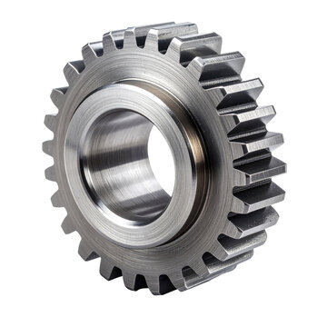 Metallic gear with teeth, circular design, central hole, and industrial appearance
