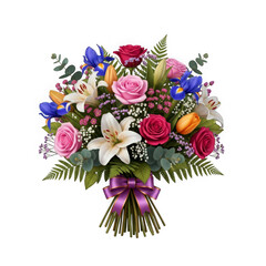 Beautiful mixed flower bouquet with ribbon isolated on transparent background