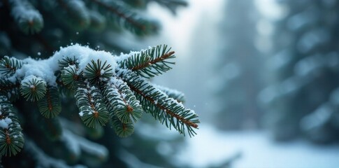Tiny, intricately carved wooden snow creatures nestled amongst snowy pine branches, dusted with fresh snowfall. A close up view of snow dusted pine branches in a winter forest. Nestled amongst the