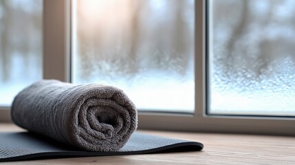Winter Yoga Scene with Rolled Towel on Mat by Large Window Overlooking Snowy Landscape