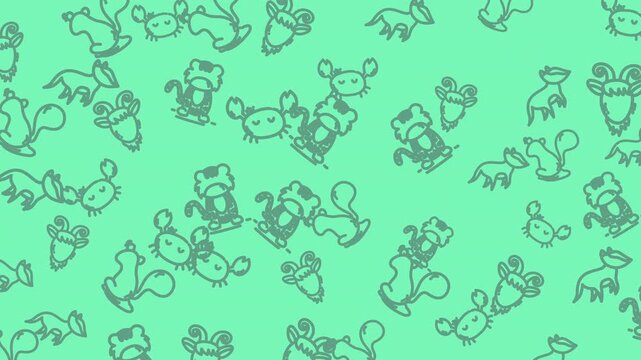 Seamless pattern of playful cartoon pandas on a mint green background, illustration, graphic design, flat style, top-down view
