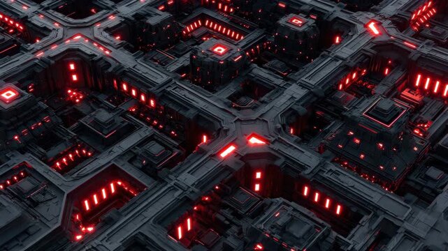 Futuristic technology background glowing red light dark metallic structure grid pattern complex geometric high tech cyberpunk atmosphere intense mysterious mood