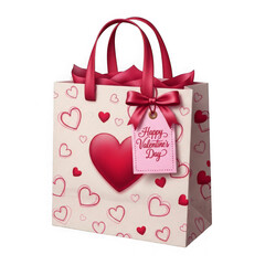 Valentine s day gift bag with hearts and ribbon isolated on transparent background