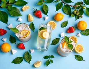 Refreshing Green Fruit and Ice Light Blue Background