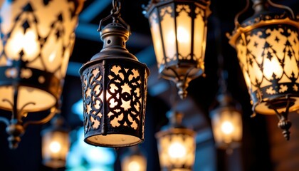 Closeup Ornate Hanging Metal Lamps with Warm Glow