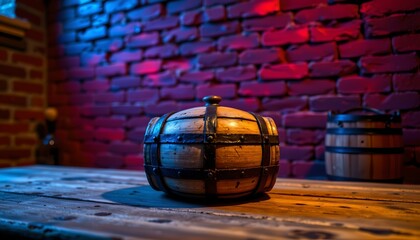 Rustic Wooden Container with Colorful Brick Background