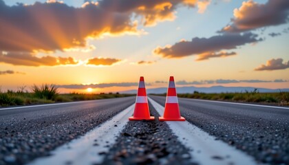 Serene Sunset Road with Traffic Cones and Vibrant Sky