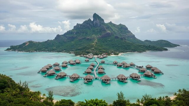 Overwater bungalows in bora bora with mount otemanu in the background