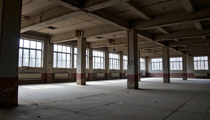 Abandoned Industrial Warehouse with Weeping Trees Outside