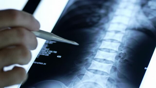 Extreme close-up video: hand in vibrant blue surgical glove uses metallic pointer tracing vertebrae on high-res, azure x-ray on sterile white light box. Clinical precision concept