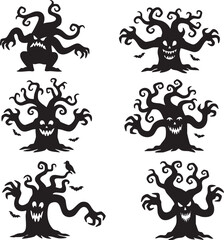 Spooky Haunted Tree Monster Silhouette Collection, Scary Halloween Characters with Evil Faces, Vector Icon Set