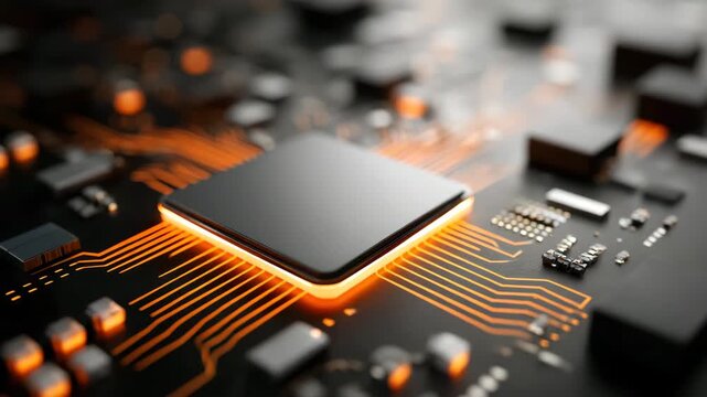 Close up glowing microchip on circuit board with orange light highlighting electronic component and electronic circuit in modern technology and computer hardware processor design
