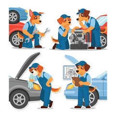 Cartoon dogs in mechanic uniforms working on cars, performing various repair tasks in a garage.