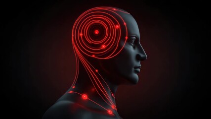 Human head with glowing red neural network lines and nodes symbolizing artificial intelligence, brain activity, and advanced technology dark background, showcasing neural network connectivity - Powered by Adobe