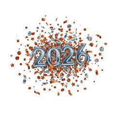 Silver 2026 numbers with confetti explosion isolated on transparent background