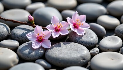 Fototapeta premium Closeup Pink Blossoms Gray Stones