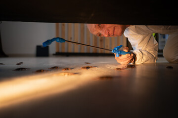 Pest control worker elderly man spraying insecticide over roaches on floor under sofa at home