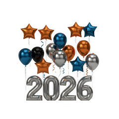 Silver and blue balloons with gold stars and 2026 numbers isolated on transparent background