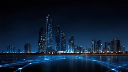 City skyline night modern building illuminated technology futuristic reflection skyscraper blue light urban digital network connection glowing business district high rise metropolis water landscape - Powered by Adobe