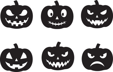 Halloween Pumpkin Jack O' Lantern Faces Icon Set, Vector Silhouette Collection, Spooky and Funny Carved Expressions