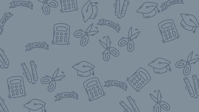 Seamless Educational Pattern with Graduation Caps, Books, and Pencils on Blue Background, Graphic Design, Flat View, Learning Concept