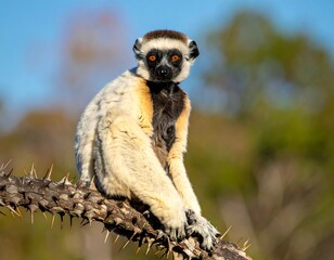 Fototapeta premium A close-up portrait of a lemur perched on a thorny branch, set against a blurred background of foliage and a blue sky