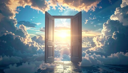 Open door to sky in the clouds, dream and heaven concept