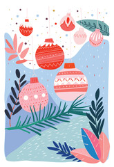 Christmas balls and plants on an abstract winter background. Flat vector illustration. Christmas and New Year celebration concept for design.