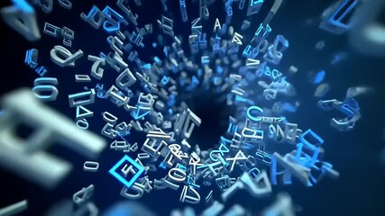 Abstract swirling vortex of blue and white letters creating a dynamic digital illusion in space - Powered by Adobe