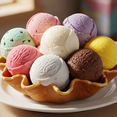 Colorful Ice Cream Scoops in a Waffle Bowl - A Sweet Treat.