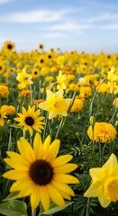 Vibrant Field of Sunflowers and Daffodils Under a Bright Sky.