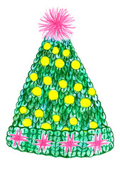 Festive knitted hat shaped like Christmas tree with yellow ornaments and pink pompom. Hand drawn with colored pencils. Isolated on white background. Fun, cozy holiday illustration for seasonal designs
