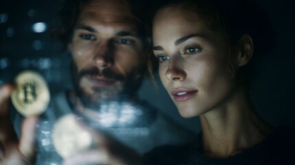 Man and woman examine cryptocurrency coins symbolizing modern digital finance and investment in a futuristic illuminated setting
