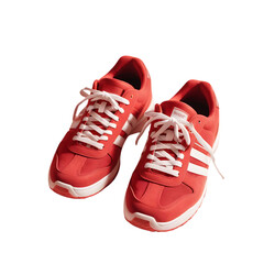 Pair of bright red athletic shoes with white laces against a deeply contrasting surface