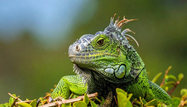 A close-up of a large green reptile, possibly an iguana, with detailed skin texture, perched atop leafy greenery