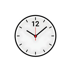 A minimalist vector illustration of a classic analog clock face with black hands and a red second hand on a white background.